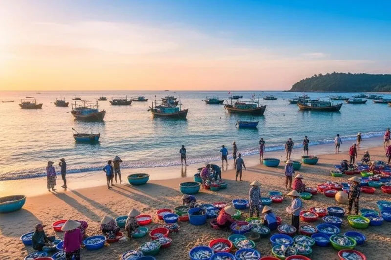 Khung cảnh bình yên của Làng chài Mũi Né vào buổi sáng sớm, lúc tàu thuyền về bến.