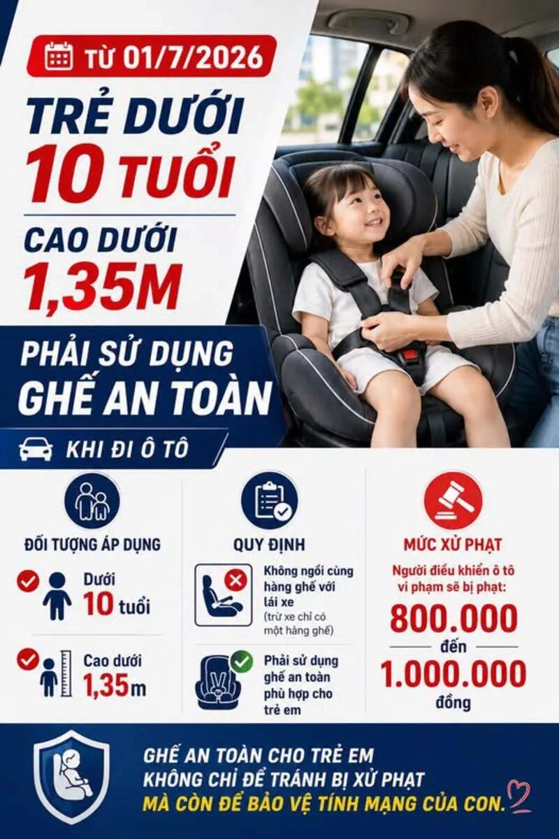 Trẻ dưới 10 tuổi và cao dưới 1,35 m là nhóm phụ huynh cần đặc biệt lưu ý khi chở bằng ô tô.