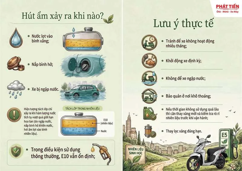 Xe ít chạy không nên để xăng E10 trong bình quá lâu vì ethanol có thể hút ẩm