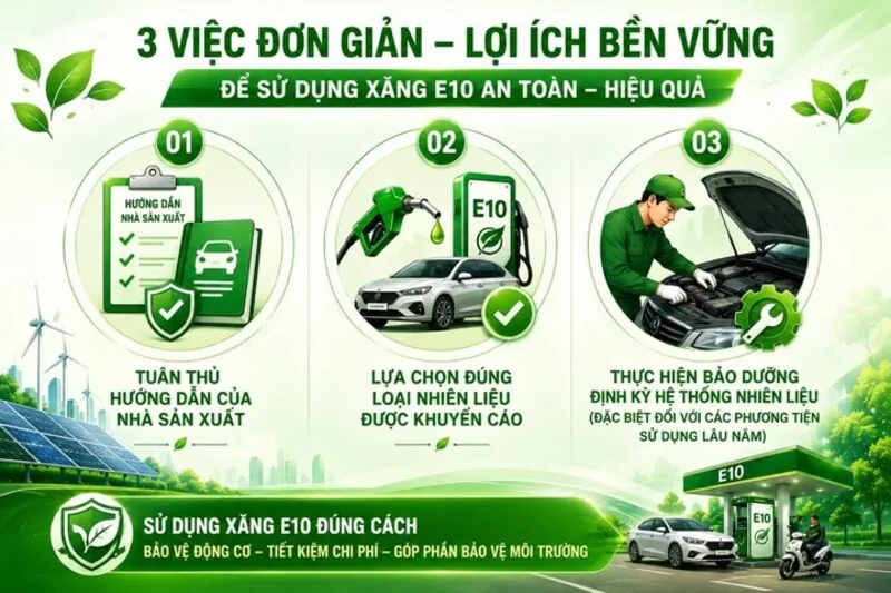 Sử dụng E10 an toàn cần kiểm tra tương thích, đổ đúng loại và bảo dưỡng định kỳ
